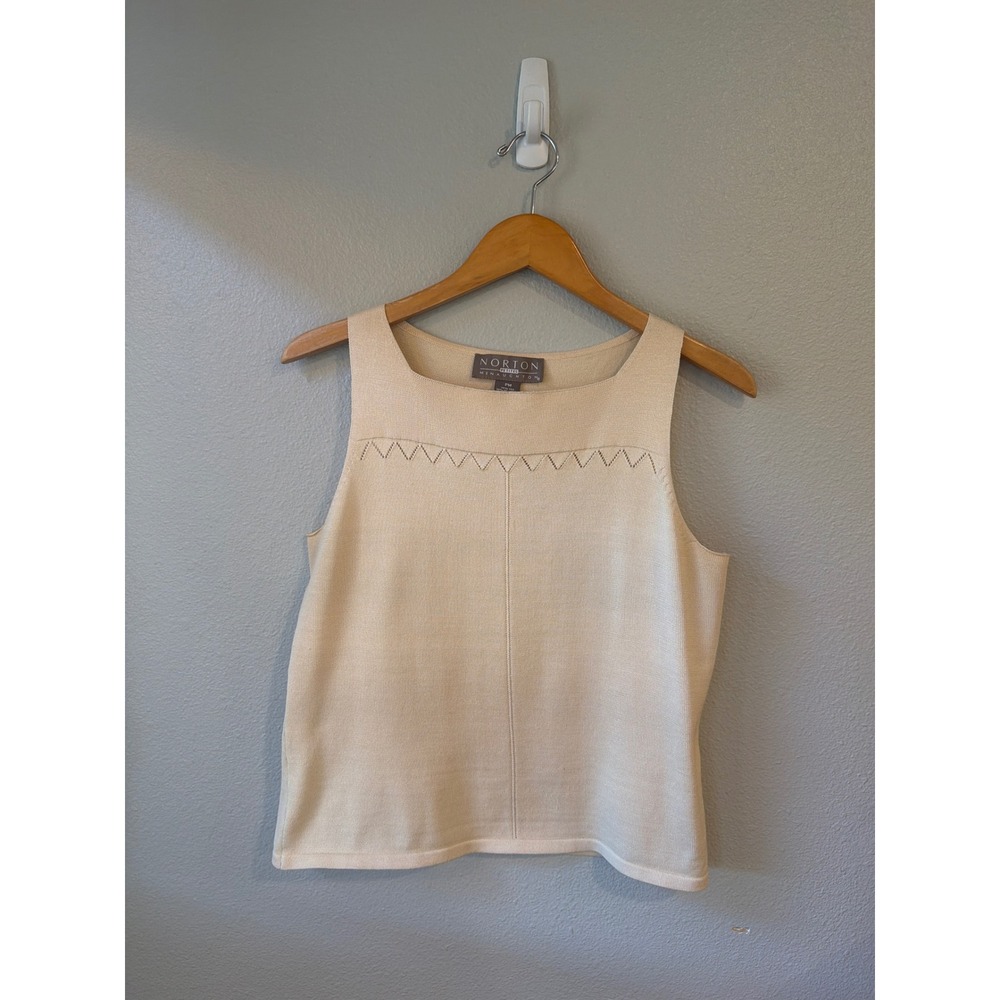 Norton McNaughton Knit Tank Top Women PM Beige Silk Blend Pointelle Boat Neck